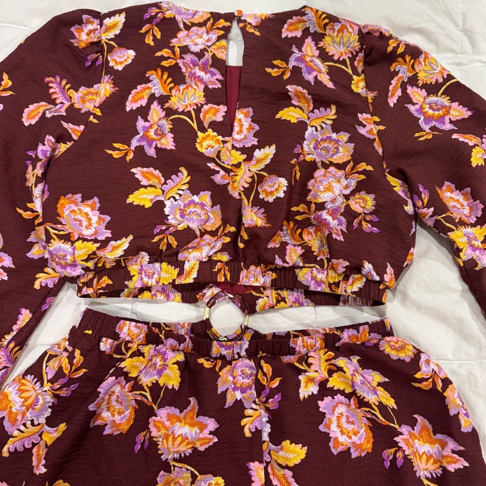REVOLVE MINKPINK FLORAL LINEN DRESS CUTOUT LONG SLEEVES BROWN MEDIUM LIGHTWEIGHT - Picture 4 of 7